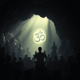 A mysterious and dark cave setting filled with shadows of various religious statues and symbols, creating an atmosphere of reverence