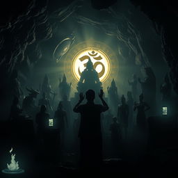A mysterious and dark cave setting filled with shadows of various religious statues and symbols, creating an atmosphere of reverence
