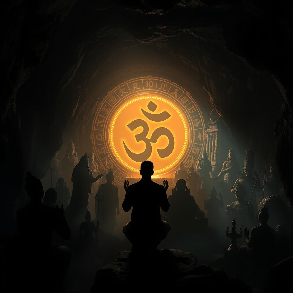 A mysterious and dark cave setting filled with shadows of various religious statues and symbols, creating an atmosphere of reverence