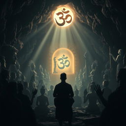A mysterious and dark cave setting filled with shadows of various religious statues and symbols, creating an atmosphere of reverence