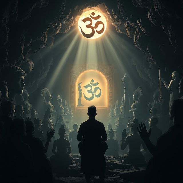 A mysterious and dark cave setting filled with shadows of various religious statues and symbols, creating an atmosphere of reverence