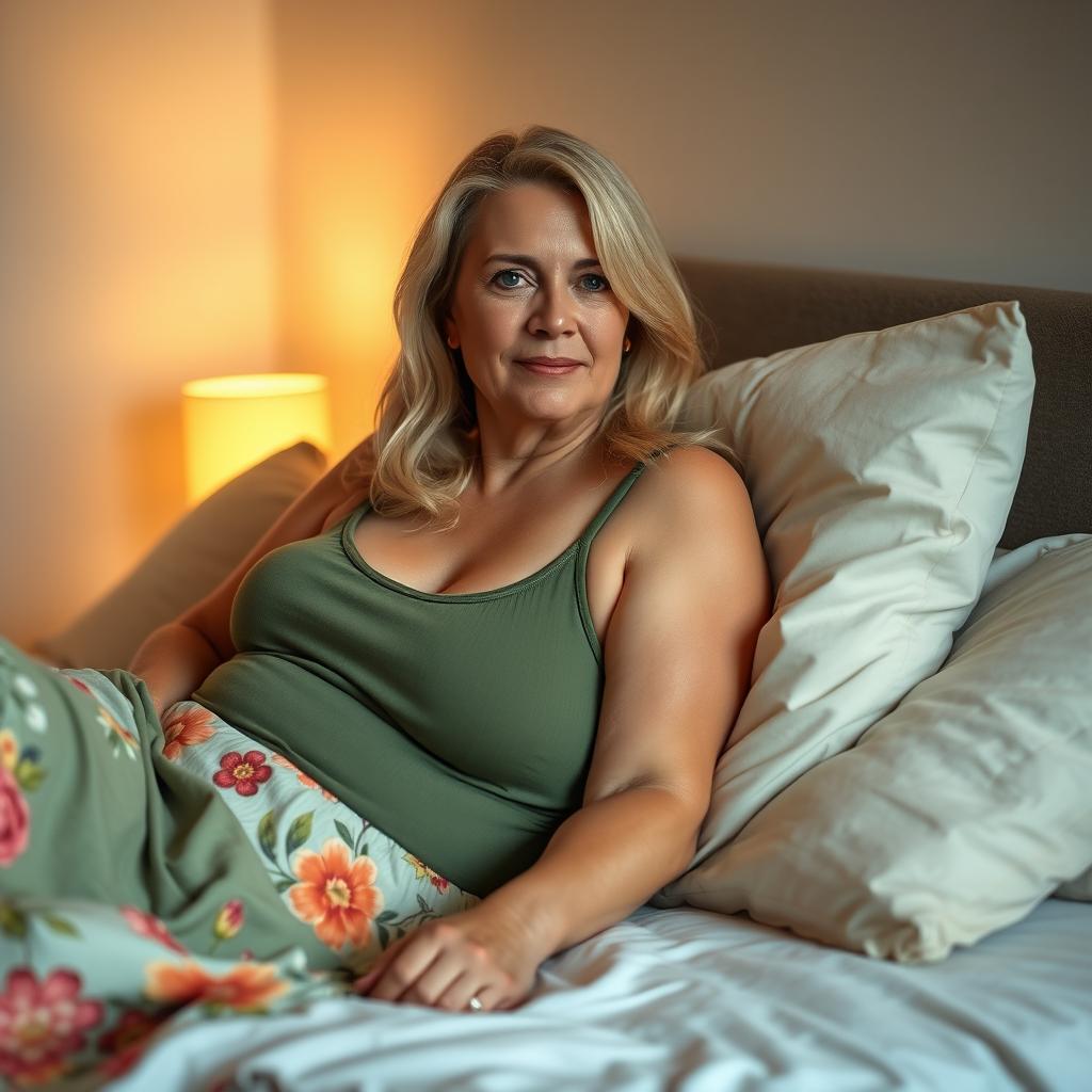 A slightly chubby blonde woman in her 40s lounging on a bed, wearing a comfortable green singlet and a light floral skirt