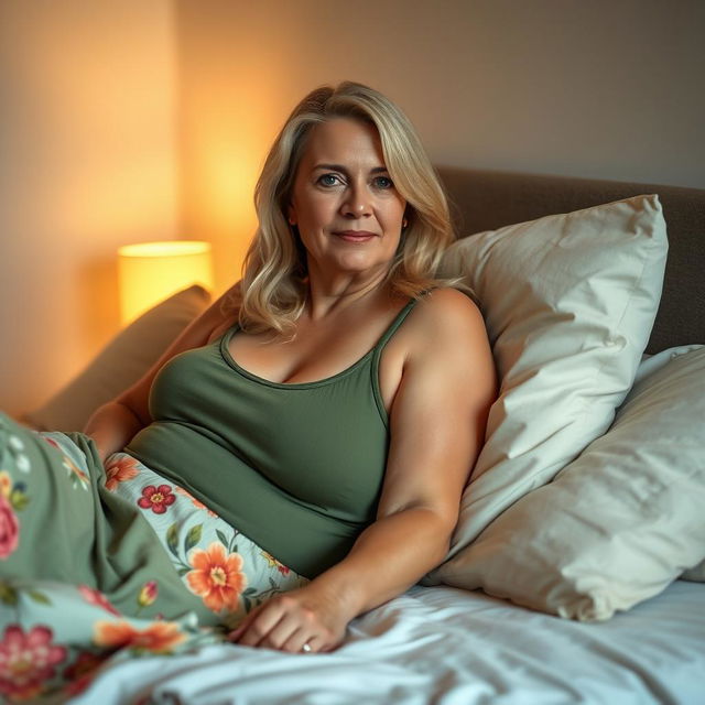 A slightly chubby blonde woman in her 40s lounging on a bed, wearing a comfortable green singlet and a light floral skirt