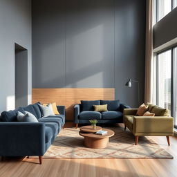 A modern interior of a flat featuring grey walls with a sleek wood design