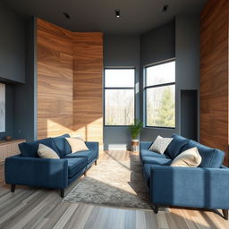A modern interior of a flat featuring grey walls with a sleek wood design