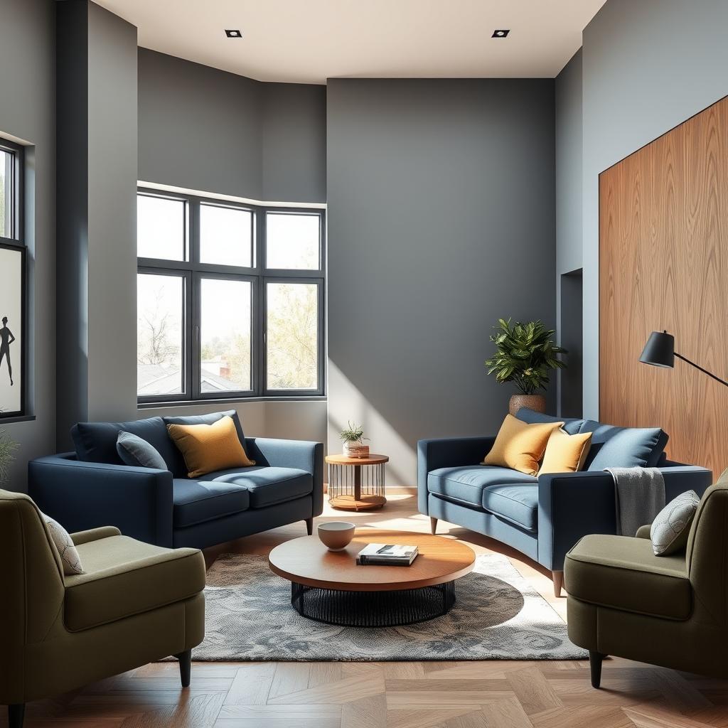 A modern interior of a flat featuring grey walls with a sleek wood design