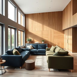 A modern interior of a flat featuring grey walls with a sleek wood design