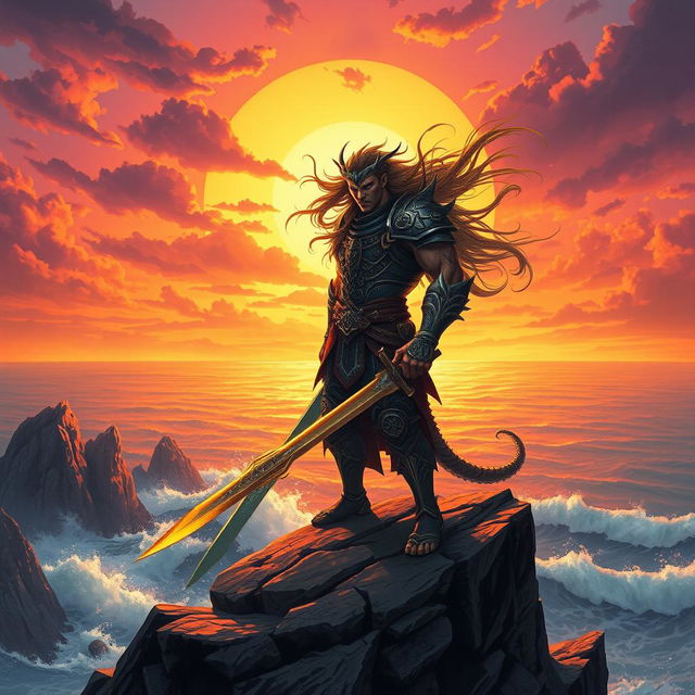 A dramatic and intense artwork of a mythical warrior standing on a cliff, overlooking a vast ocean during a sunset