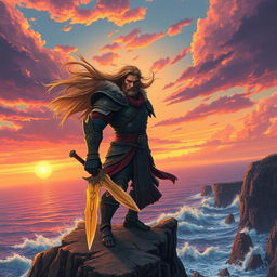 A dramatic and intense artwork of a mythical warrior standing on a cliff, overlooking a vast ocean during a sunset