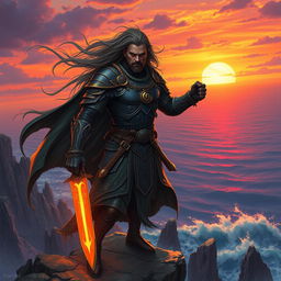 A dramatic and intense artwork of a mythical warrior standing on a cliff, overlooking a vast ocean during a sunset