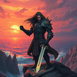 A dramatic and intense artwork of a mythical warrior standing on a cliff, overlooking a vast ocean during a sunset