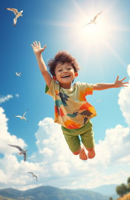 A young boy joyfully soaring in the air, arms outstretched as if he is flying, with a big smile on his face