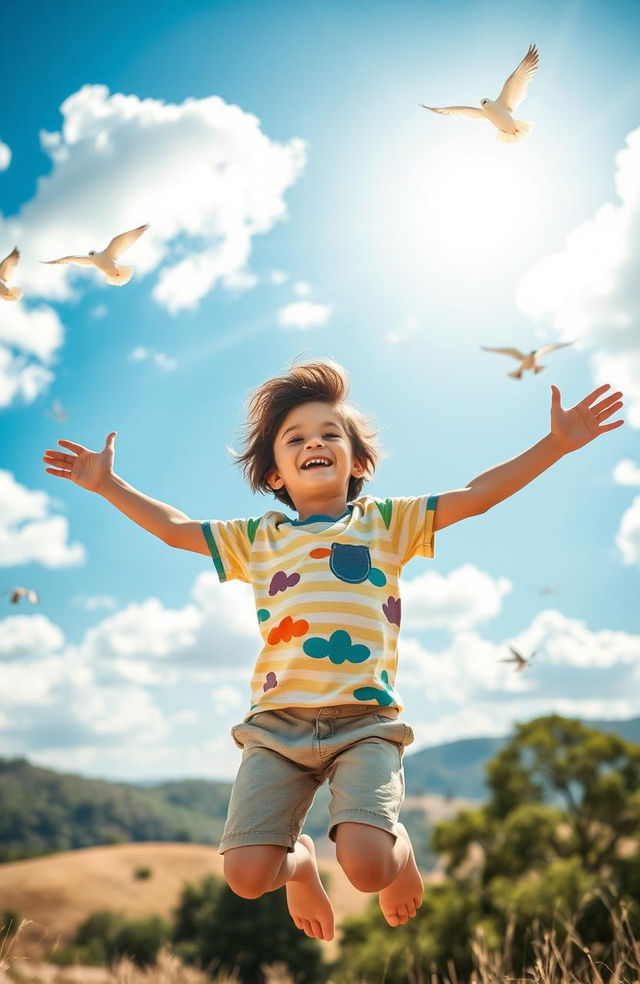 A young boy joyfully soaring in the air, arms outstretched as if he is flying, with a big smile on his face