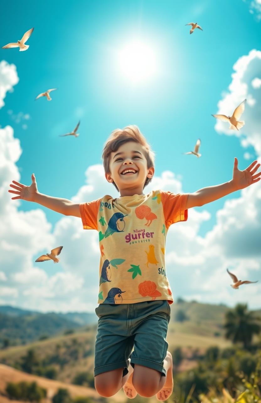 A young boy joyfully soaring in the air, arms outstretched as if he is flying, with a big smile on his face