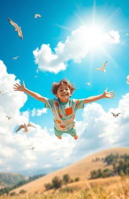 A young boy joyfully soaring in the air, arms outstretched as if he is flying, with a big smile on his face