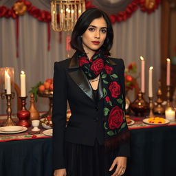 A 24-year-old woman dressed in a stylish black suit with a black leather collar, the jacket is slightly long and reaches her thighs, giving off a doll-like appearance, paired with a tutu-style skirt