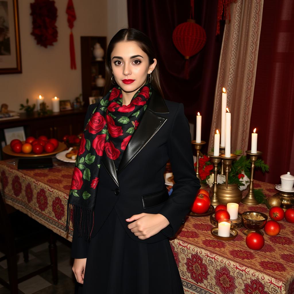 A 24-year-old woman dressed in a stylish black suit with a black leather collar, the jacket is slightly long and reaches her thighs, giving off a doll-like appearance, paired with a tutu-style skirt