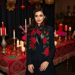 A 24-year-old woman dressed in a stylish black suit with a black leather collar, the jacket is slightly long and reaches her thighs, giving off a doll-like appearance, paired with a tutu-style skirt