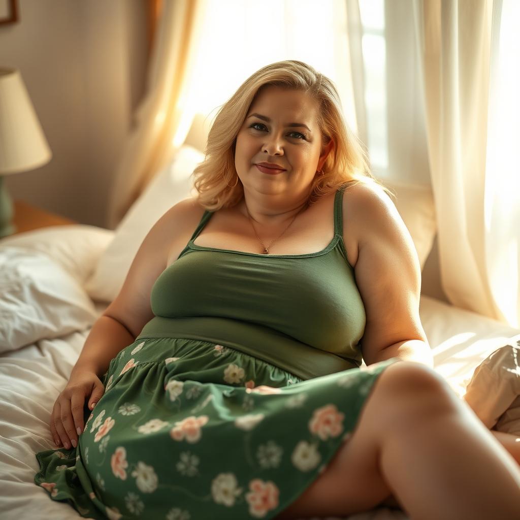 A slightly chubby blonde woman in her 30's lying comfortably on a bed, dressed in a green singlet and a short green floral skirt