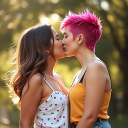 A romantic, intimate moment between two young women sharing a passionate kiss, surrounded by a soft, dreamy bokeh background that enhances the tenderness of the scene