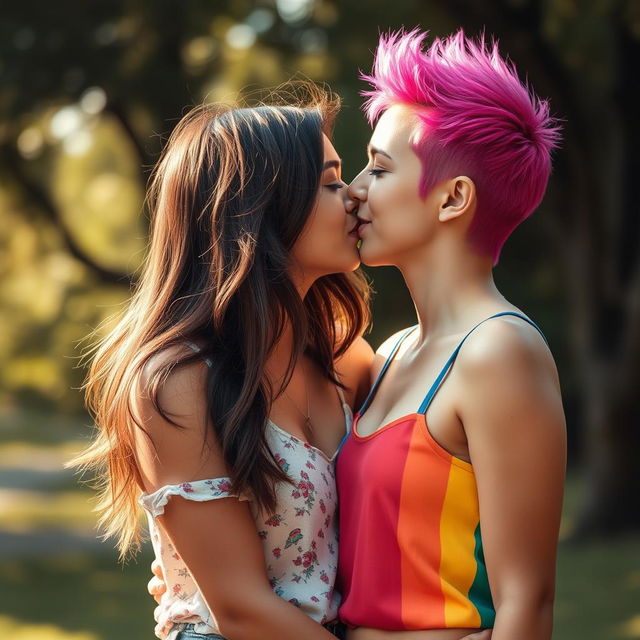 A romantic, intimate moment between two young women sharing a passionate kiss, surrounded by a soft, dreamy bokeh background that enhances the tenderness of the scene