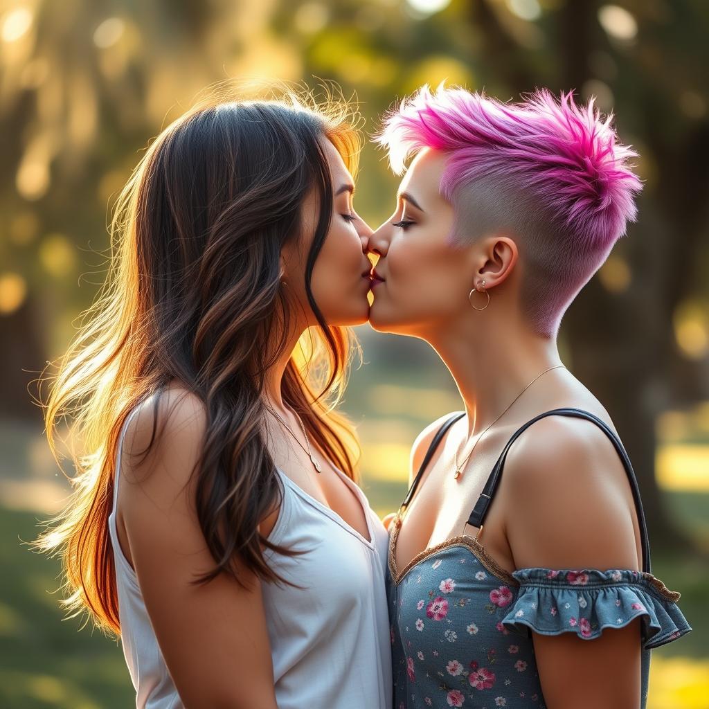 A romantic, intimate moment between two young women sharing a passionate kiss, surrounded by a soft, dreamy bokeh background that enhances the tenderness of the scene