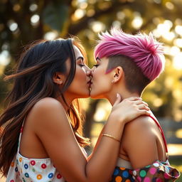 A romantic, intimate moment between two young women sharing a passionate kiss, surrounded by a soft, dreamy bokeh background that enhances the tenderness of the scene