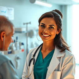 A detailed scene of a hospital environment featuring a realistic and well-dressed nurse wearing a medical scrubs suit and a white lab coat