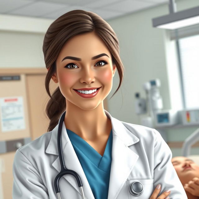 A detailed scene of a hospital environment featuring a realistic and well-dressed nurse wearing a medical scrubs suit and a white lab coat