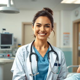A detailed scene of a hospital environment featuring a realistic and well-dressed nurse wearing a medical scrubs suit and a white lab coat