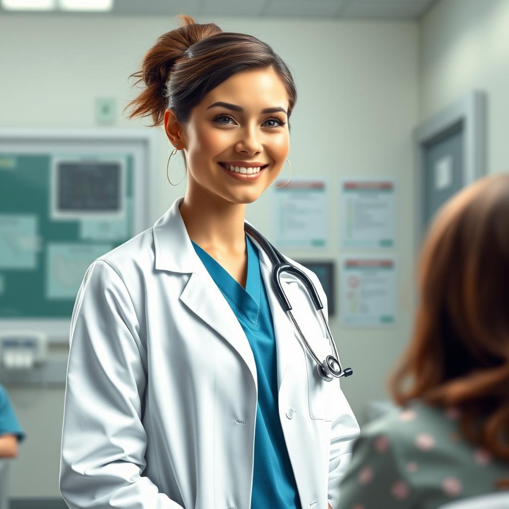 A detailed scene of a hospital environment featuring a realistic and well-dressed nurse wearing a medical scrubs suit and a white lab coat