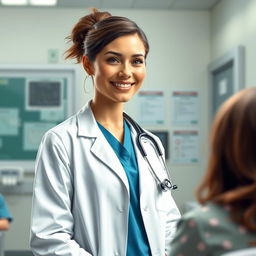 A detailed scene of a hospital environment featuring a realistic and well-dressed nurse wearing a medical scrubs suit and a white lab coat