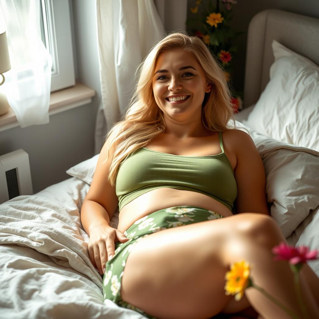 A thick blonde woman in her 30's lying comfortably on a bed, dressed in a casual green singlet and a short green floral skirt