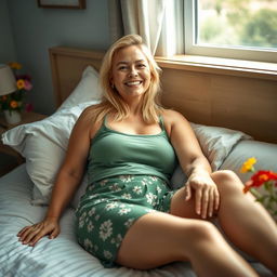 A thick blonde woman in her 30's lying comfortably on a bed, dressed in a casual green singlet and a short green floral skirt