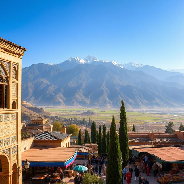 A stunning panoramic view of Iran's diverse landscapes, showcasing the beautiful combination of rugged mountains and lush valleys