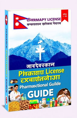 A visually striking book cover design for the Pharmacy License Examination in Nepal
