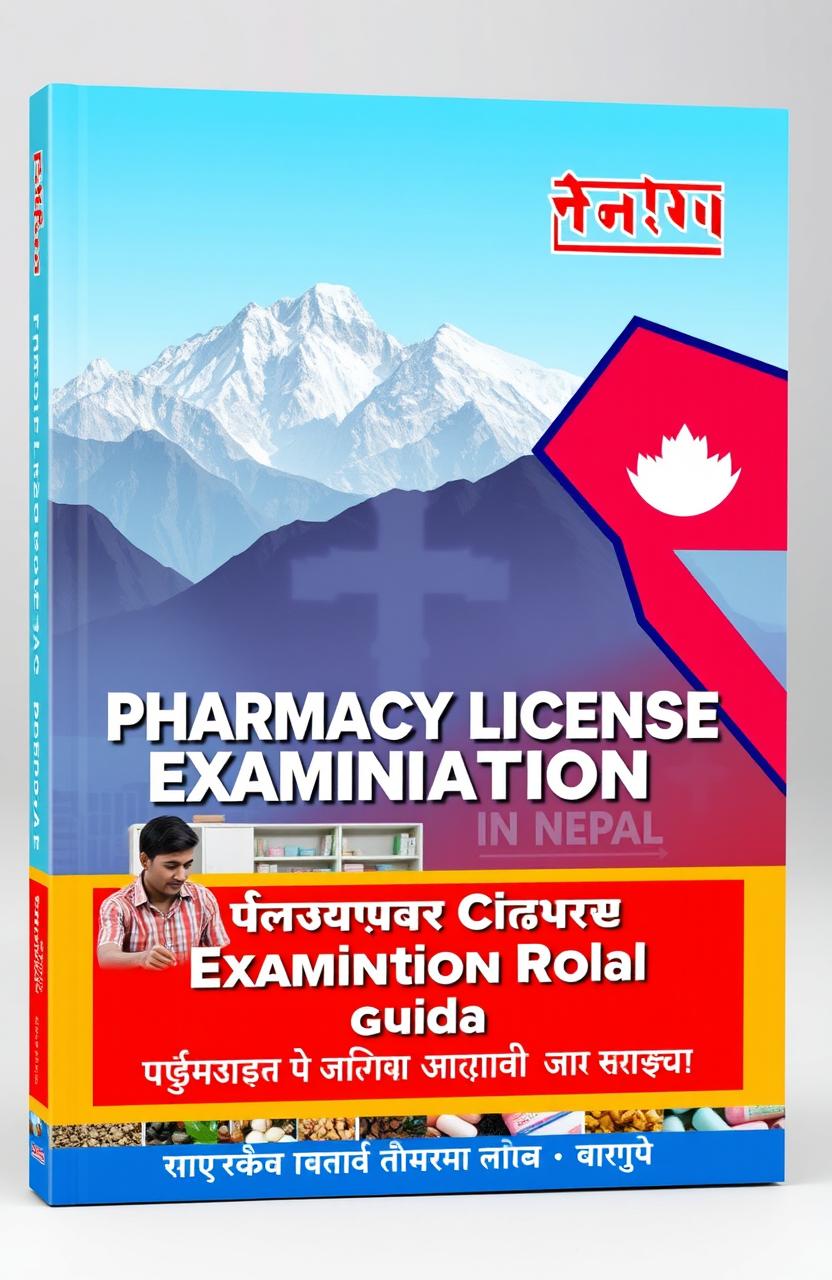 A visually striking book cover design for the Pharmacy License Examination in Nepal