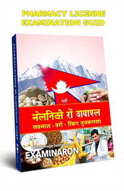 A visually striking book cover design for the Pharmacy License Examination in Nepal