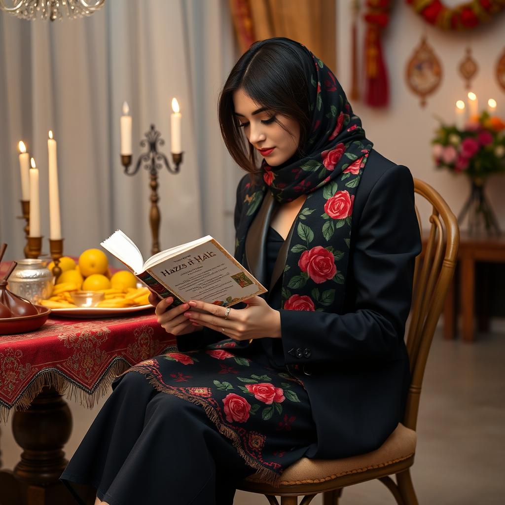 A 24-year-old woman sitting gracefully on a chair next to a traditional Yalda table, wearing a stylish black suit with a black leather collar, the jacket is slightly long reaching her thighs and has a doll-like silhouette, paired with a skirt-pant hybrid