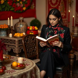 A 24-year-old woman sitting gracefully on a chair next to a traditional Yalda table, wearing a stylish black suit with a black leather collar, the jacket is slightly long reaching her thighs and has a doll-like silhouette, paired with a skirt-pant hybrid