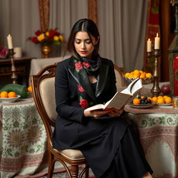 A 24-year-old woman sitting gracefully on a chair next to a traditional Yalda table, wearing a stylish black suit with a black leather collar, the jacket is slightly long reaching her thighs and has a doll-like silhouette, paired with a skirt-pant hybrid
