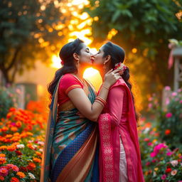 A romantic scene depicting two Indian women sharing a tender kiss, showcasing their love and affection for each other