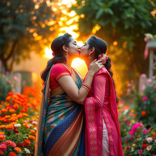 A romantic scene depicting two Indian women sharing a tender kiss, showcasing their love and affection for each other