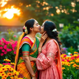 A romantic scene depicting two Indian women sharing a tender kiss, showcasing their love and affection for each other