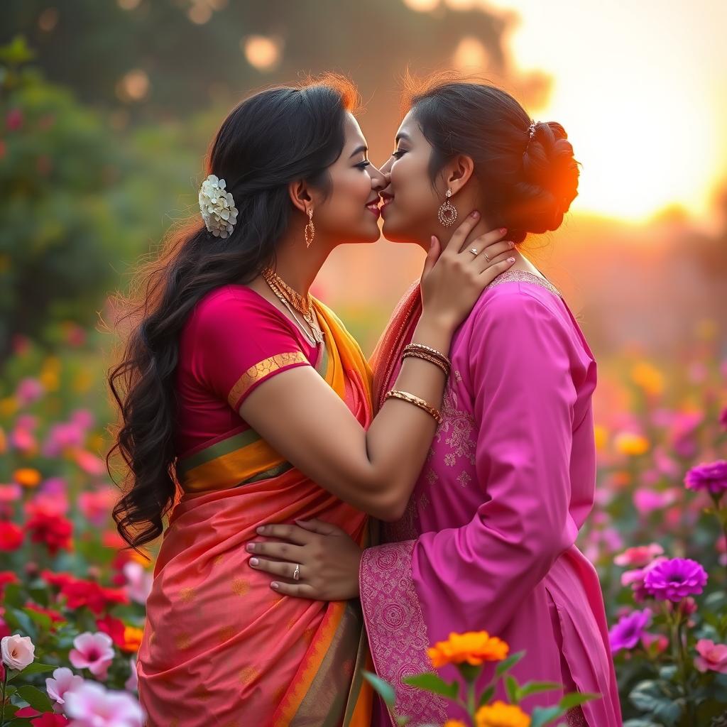 A romantic scene depicting two Indian women sharing a tender kiss, showcasing their love and affection for each other