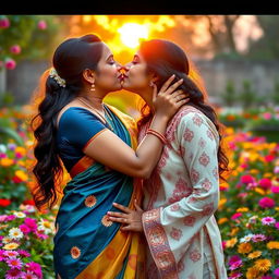 A romantic scene depicting two Indian women sharing a tender kiss, showcasing their love and affection for each other