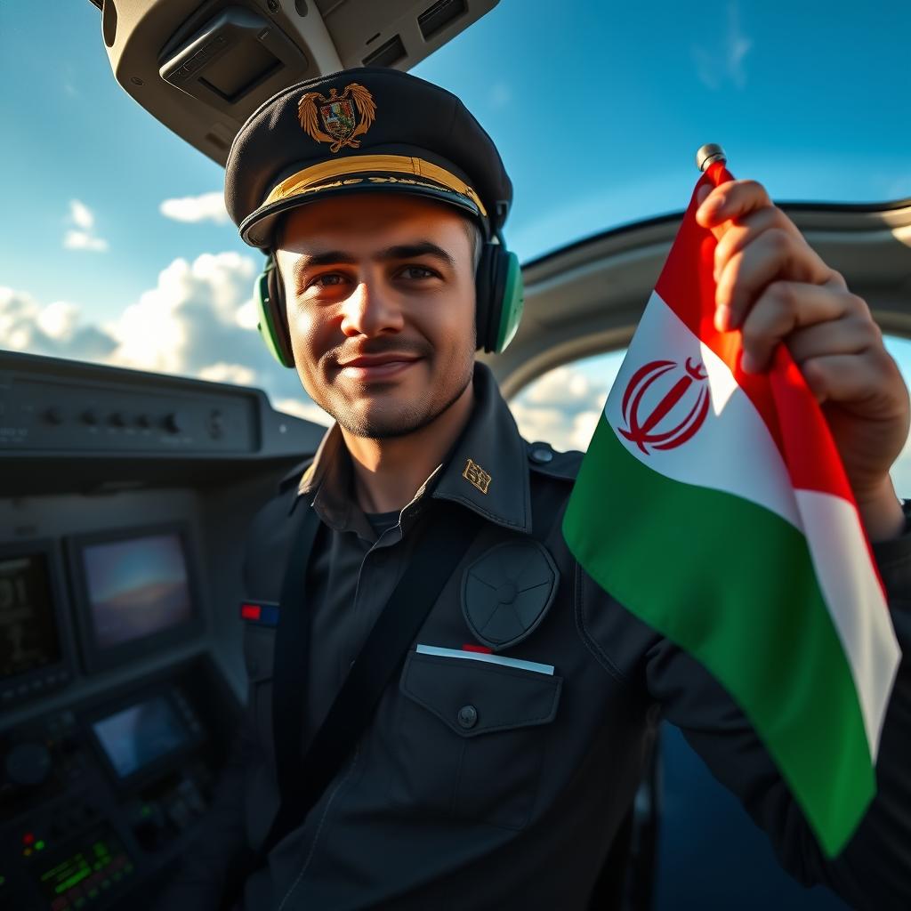 A proud male pilot standing confidently in a modern cockpit, wearing a stylish pilot uniform complete with a cap