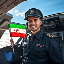 A proud male pilot standing confidently in a modern cockpit, wearing a stylish pilot uniform complete with a cap