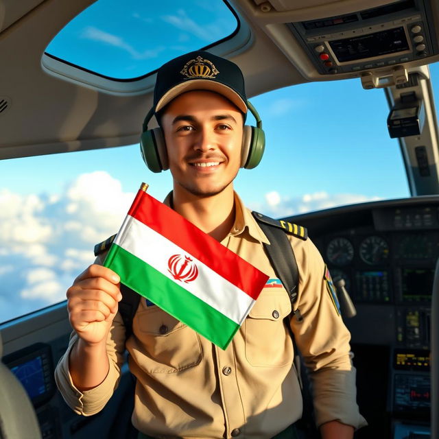 A proud male pilot standing confidently in a modern cockpit, wearing a stylish pilot uniform complete with a cap