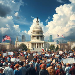 An artistic representation of the challenges faced by the American system, symbolizing various areas such as politics, economy, social justice, and environmental issues